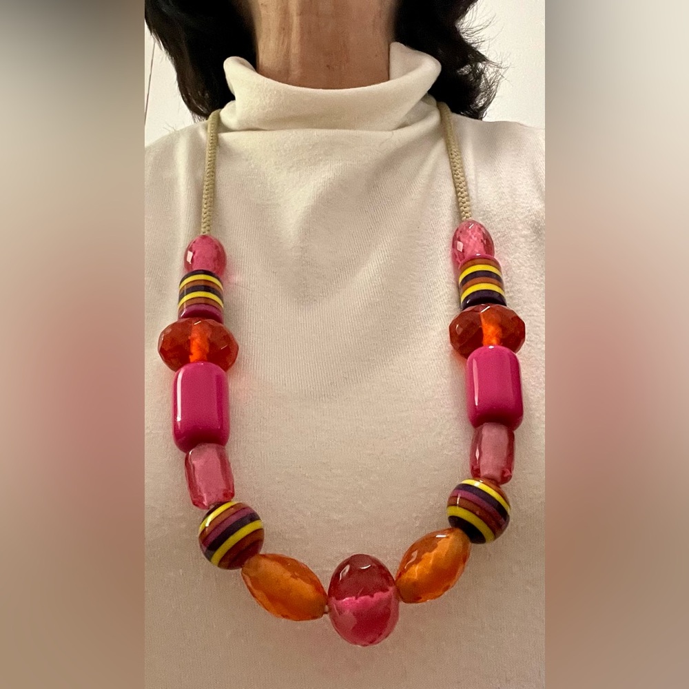 Colorful Beaded Necklace Strung on Natural Rope Cotton Rope.